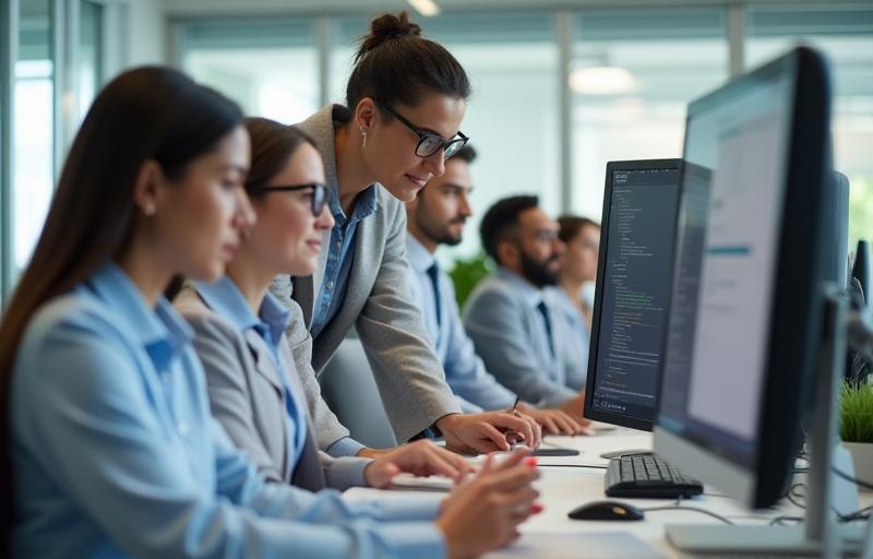 Photo of a diverse team collaborating on computers, representing customer support.
